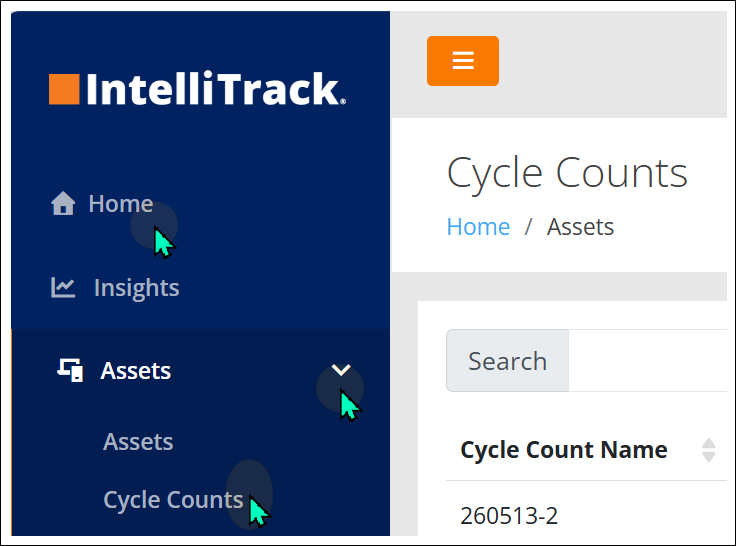 IntelliTrack main menu with Home, Assets and Cycle Counts selected in turn to open the Cycle Counts page
