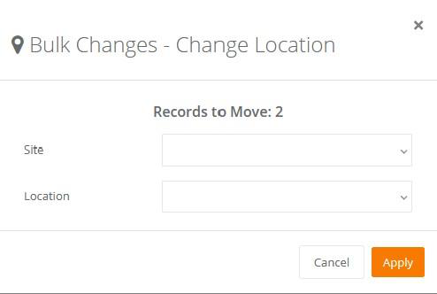 Bulk Changes - Change Location popup with Records to Move: 2 and the Site and Location drop-down lists