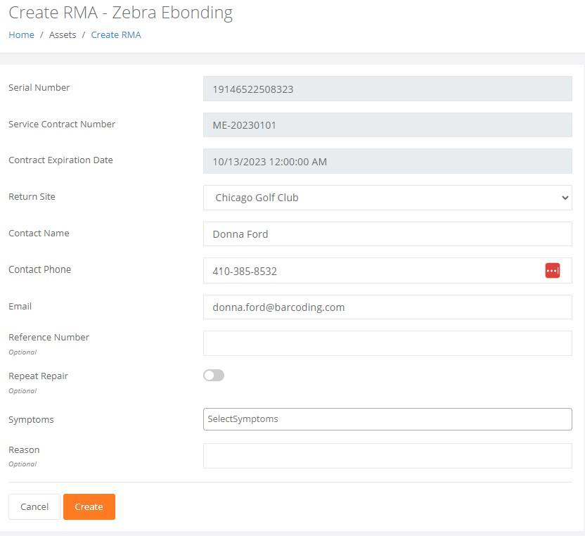 Create RMA page with the serial number, service contract and expiration date filled in, the Return Site and contact fields, the Symptoms and Reason fields, and the Create button