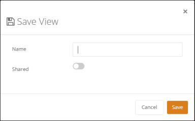 Save View dialog with the Name field, the Shared toggle and the Save button