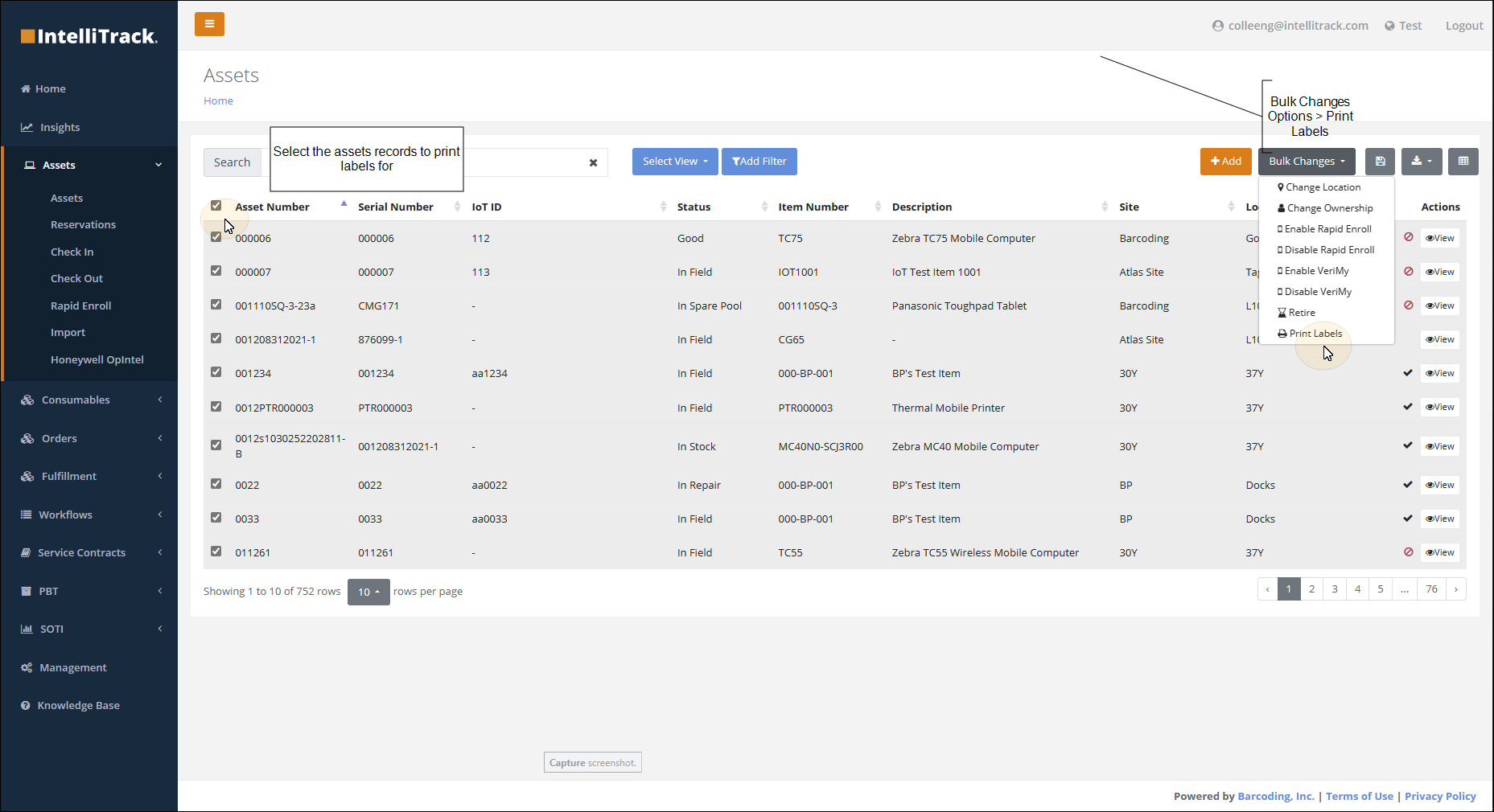 Assets page with every record selected and the Bulk Changes menu open to the Print Labels option