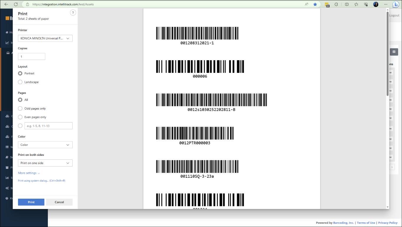 Browser Print window with the Printer list and a preview of the asset barcode labels