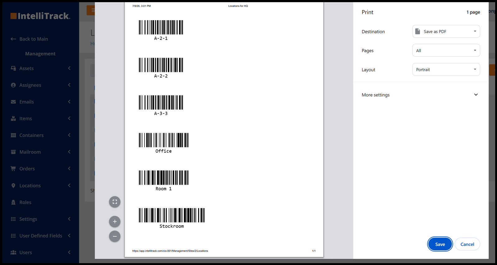 Browser Print window previewing the barcode labels for the selected locations