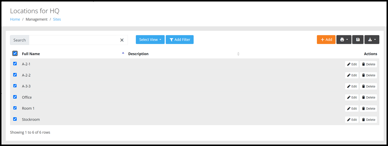 Locations for HQ page with every location record selected via the checkbox above the grid