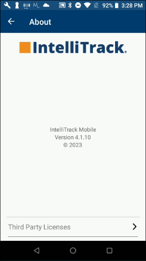 About page showing the IntelliTrack Mobile version number