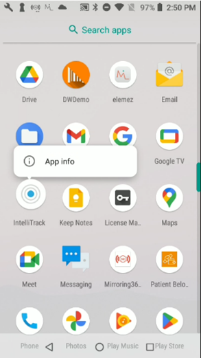App info option shown above the long-pressed IntelliTrack Legacy icon