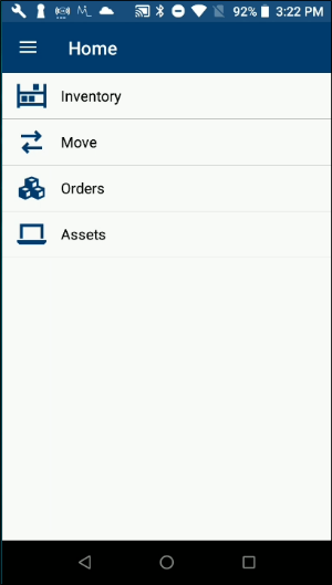 IntelliTrack Mobile Home screen with the Inventory, Move, Orders and Assets options