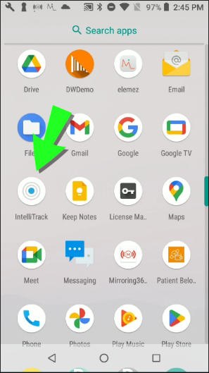 Android app drawer with an arrow pointing to the white and blue IntelliTrack Legacy icon