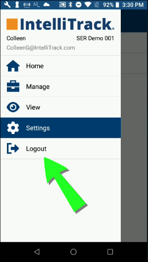 Slide-out menu with an arrow pointing to the Logout option