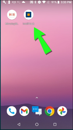 Android Home screen with an arrow pointing to the new IntelliTrack Mobile icon