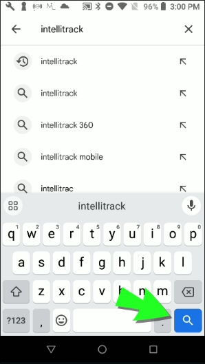 Play Store search with intellitrack entered and an arrow pointing to the Search key