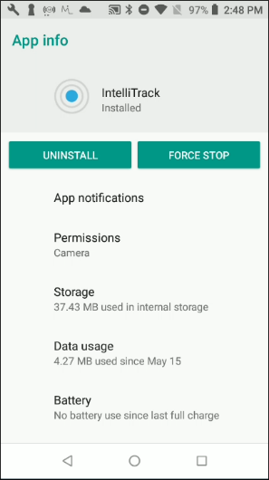 IntelliTrack App info screen with the Uninstall and Force Stop buttons