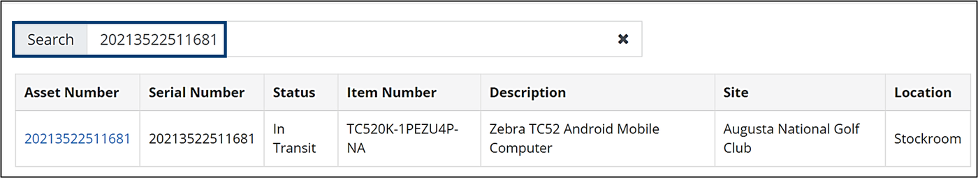 Quick Search by serial number, with the result row showing the Asset Number link