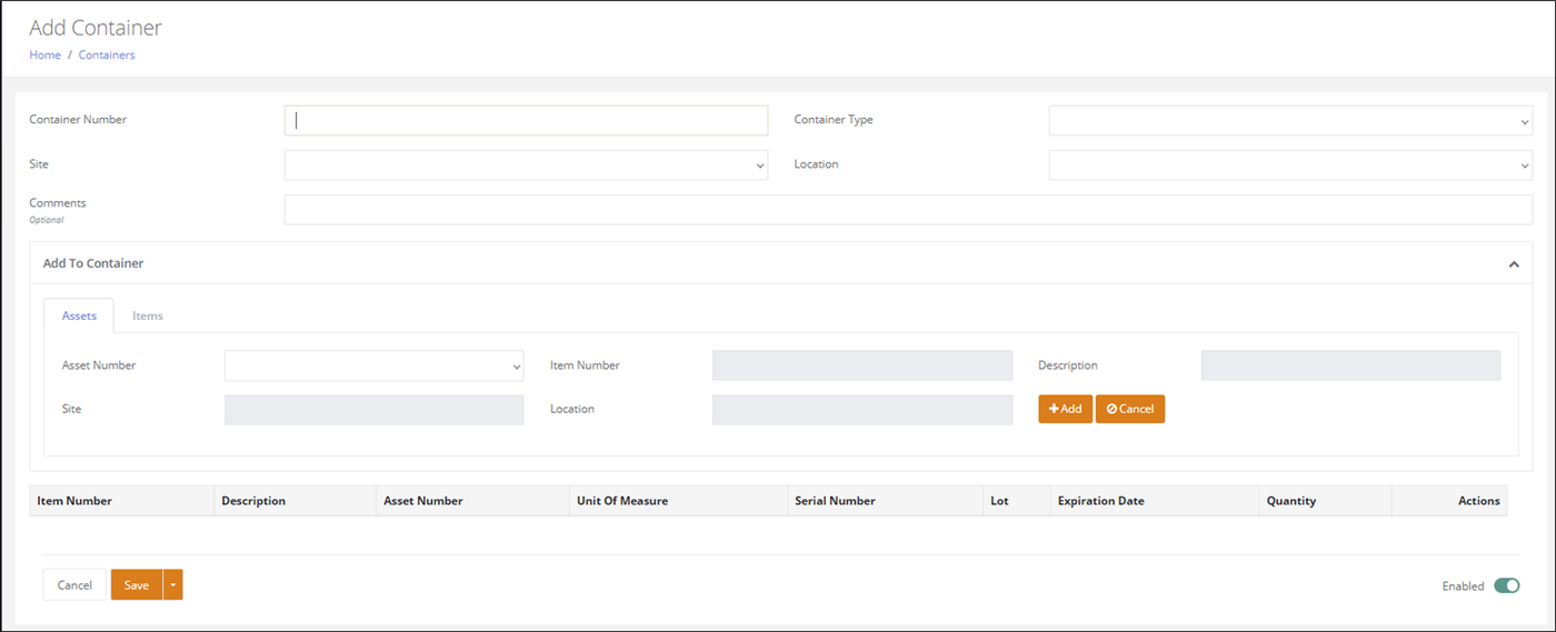 Add Container page with Container Number, Container Type, Site and Location fields and an Add To Container section