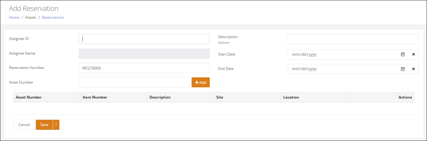 Add Reservation page with Assignee ID, a generated Reservation Number, Start and End Date, and an Asset Number field with Add