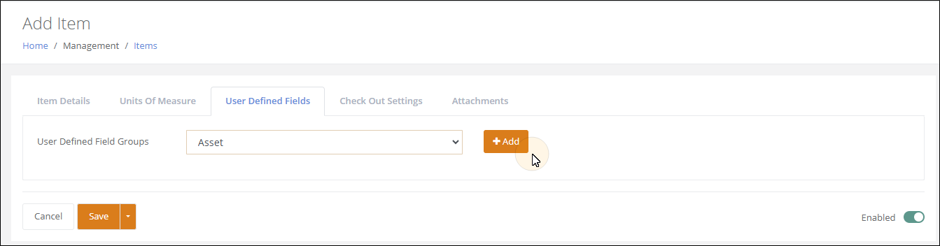 Add Item User Defined Fields tab with the Asset group selected in the drop-down and the pointer on Add