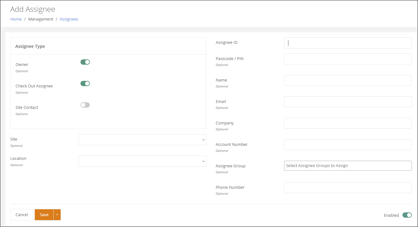Add Assignee page with Assignee Type toggles for Owner, Check Out Assignee and Site Contact, plus ID, name and contact fields