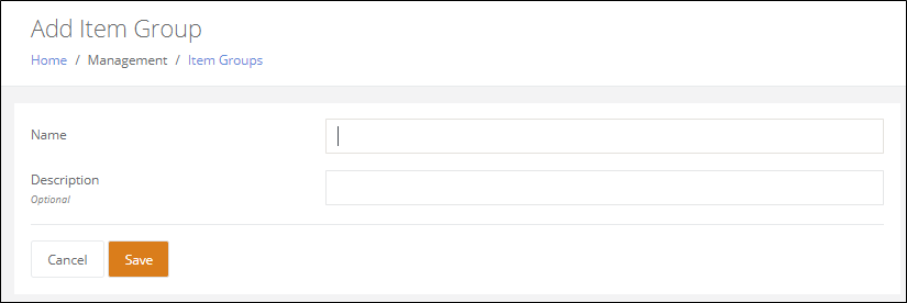 Add Item Group page with a Name field and an optional Description field, plus Cancel and Save buttons
