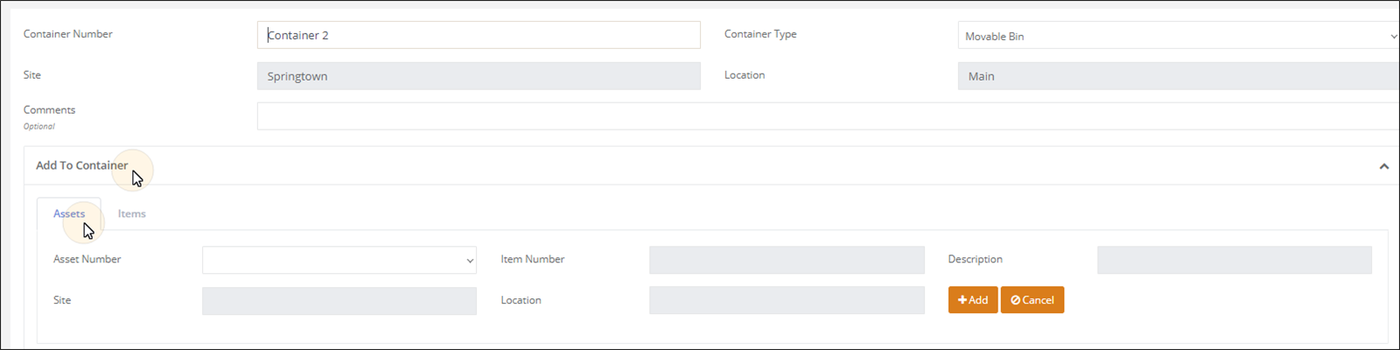 Add To Container section of a container page with the Assets tab selected and an Asset Number drop-down