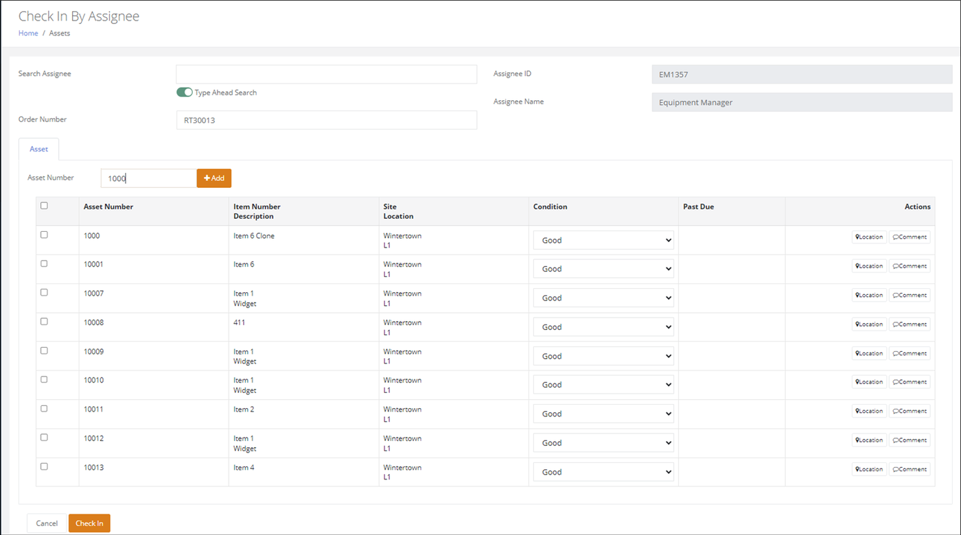 Check In By Assignee page with an asset number entered in the Asset Number field beside the Add button
