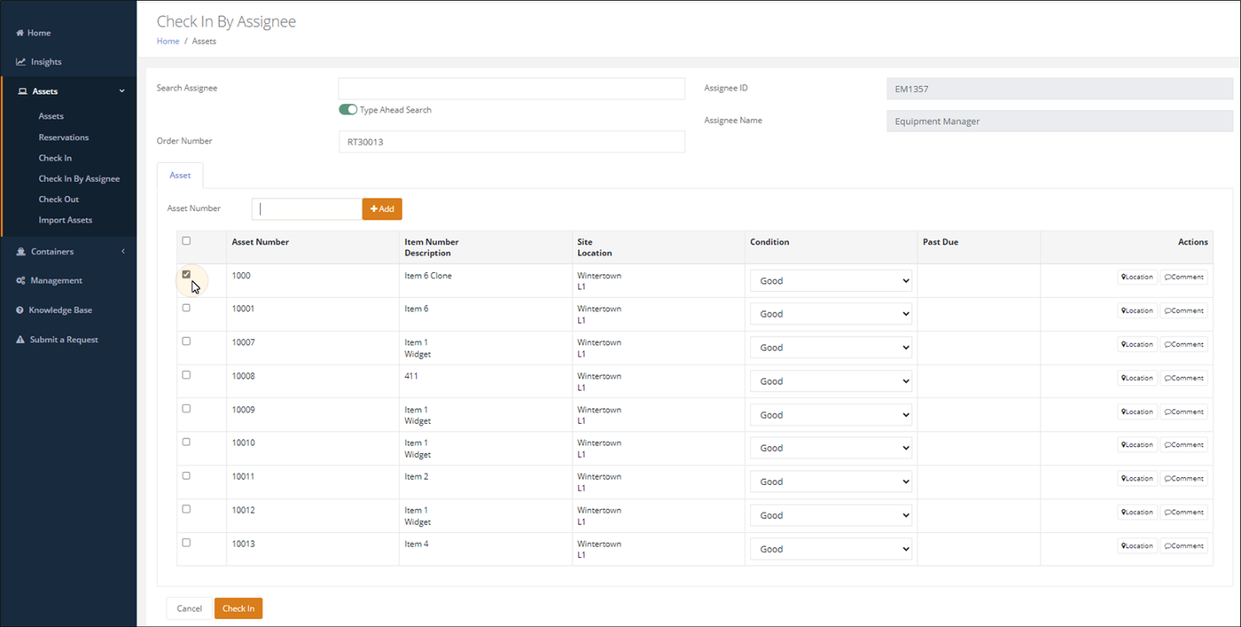 Check In By Assignee grid with the checkbox marked for the added asset, now ready for check in