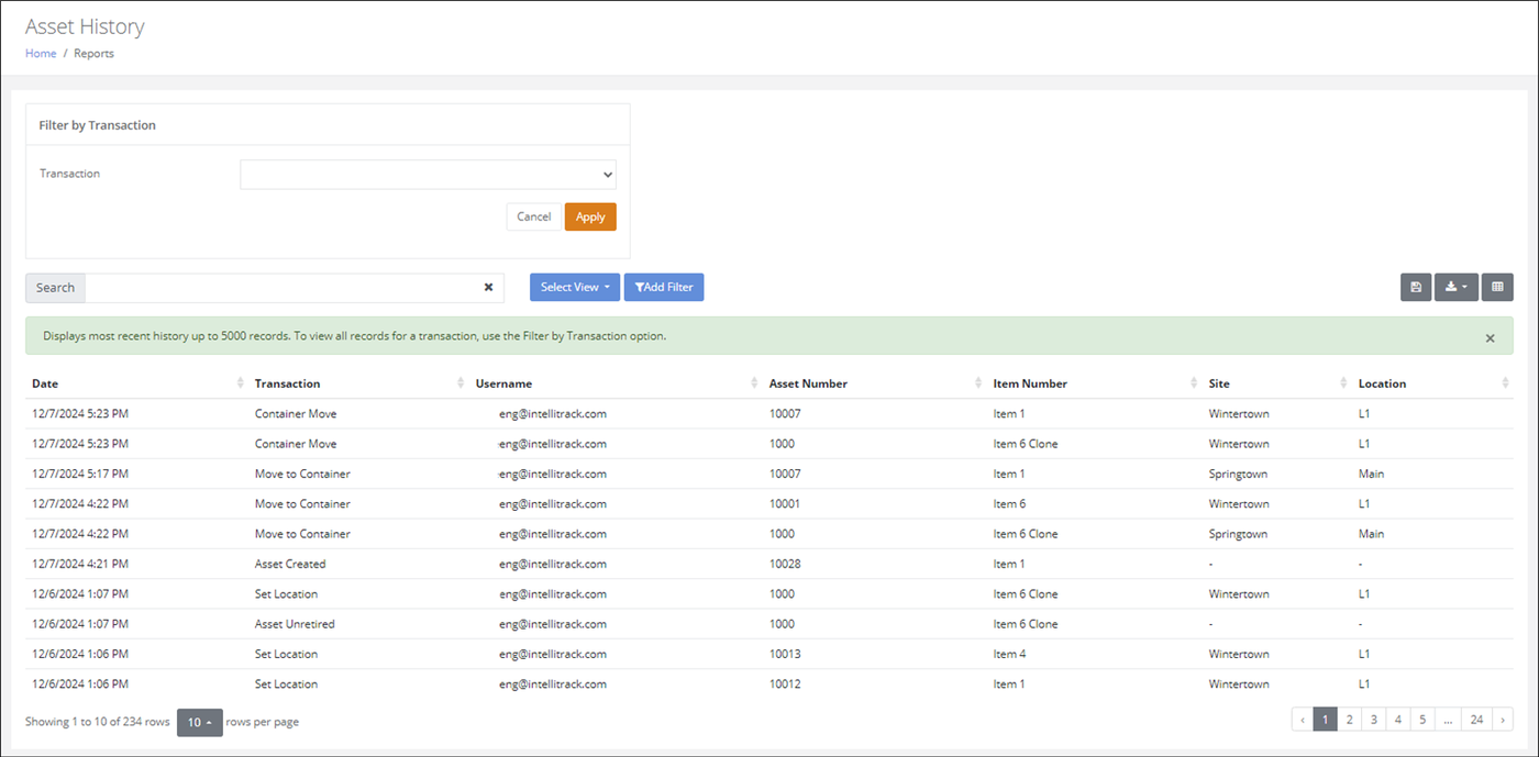 Asset History report with a Filter by Transaction drop-down and a grid of tenant-wide asset transactions