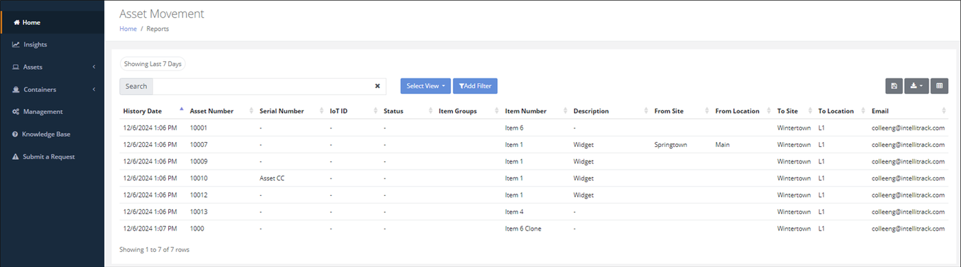 Asset Movement report showing the last 7 days of moves, with From Site, To Site, To Location and Email columns