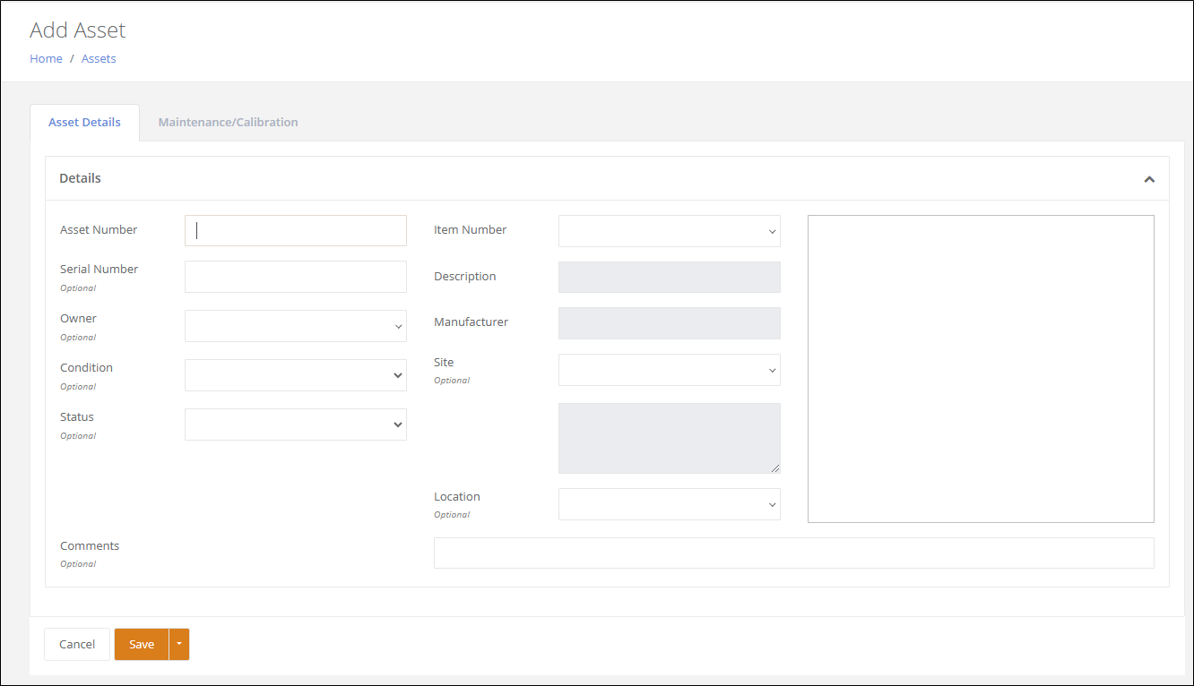 Add Asset page on the Asset Details tab before an Item Number is chosen, with no User Defined Fields tab
