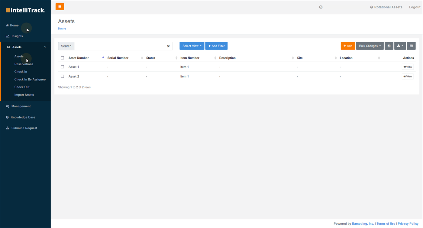 Assets page reached from the Assets menu in the left sidebar, showing the asset grid with Add and Bulk Changes buttons
