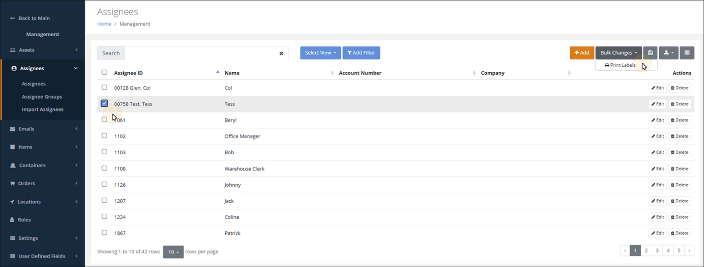 Assignees page with one assignee checkbox marked and the Bulk Changes menu open to Print Labels