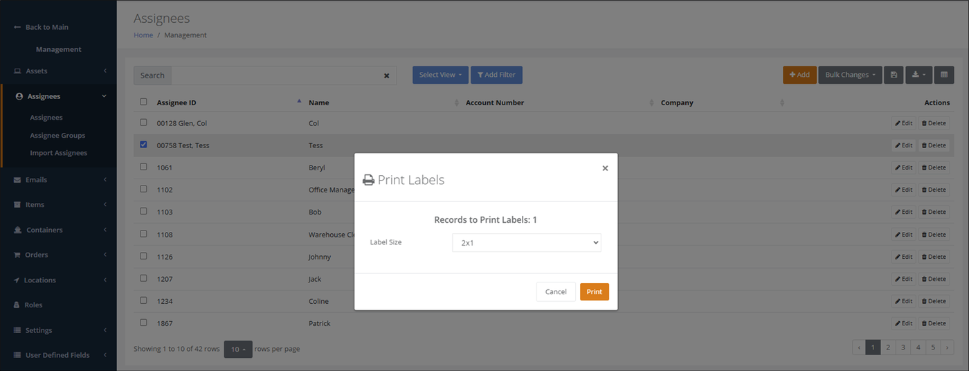 Print Labels popup over the Assignees page showing 1 record to print and Label Size 2x1