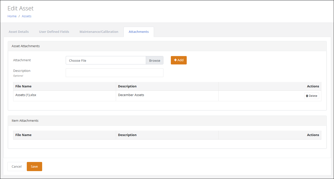 Edit Asset page Attachments tab with an uploaded spreadsheet listed in the Asset Attachments grid with a Delete button