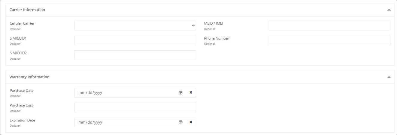 Editable Carrier Information and Warranty Information sections of the Edit Asset page
