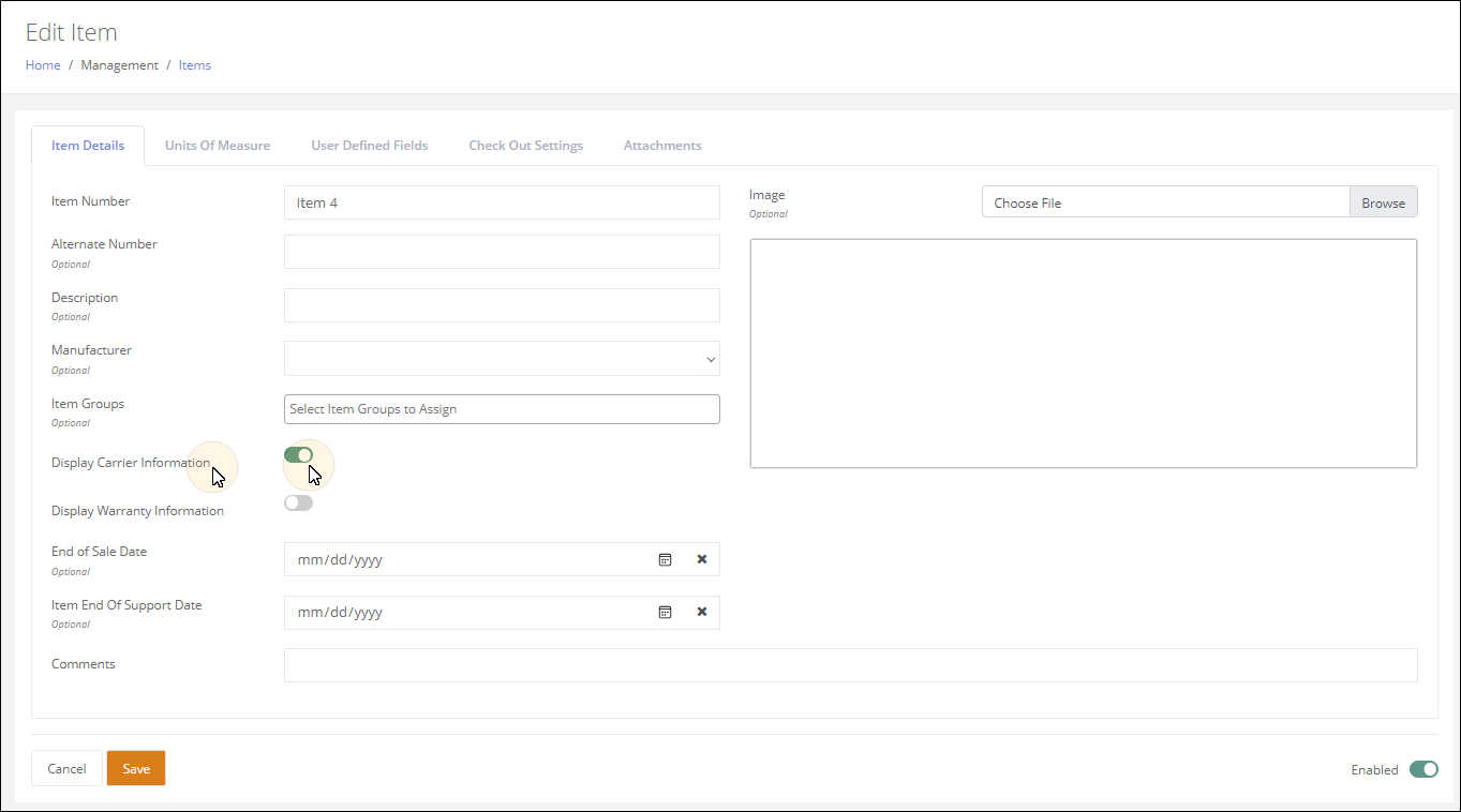 Edit Item page Item Details tab with the Display Carrier Information toggle switched on