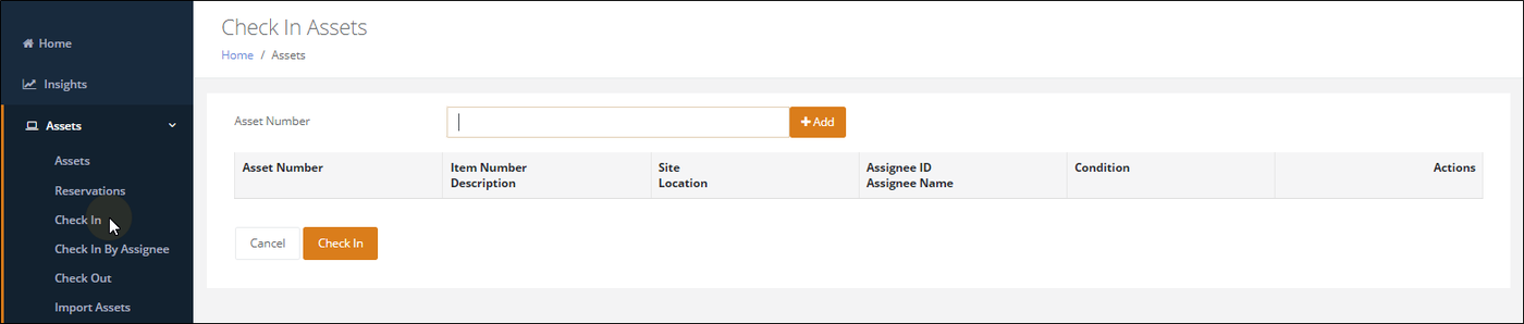Empty Check In Assets page reached from Assets > Check In, with an Asset Number field and Add button