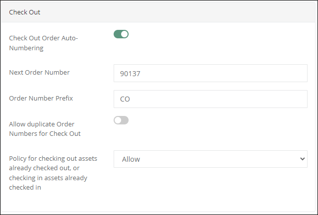 Check Out tenant settings showing order auto-numbering, Next Order Number, CO prefix, duplicate order toggle and check-out policy