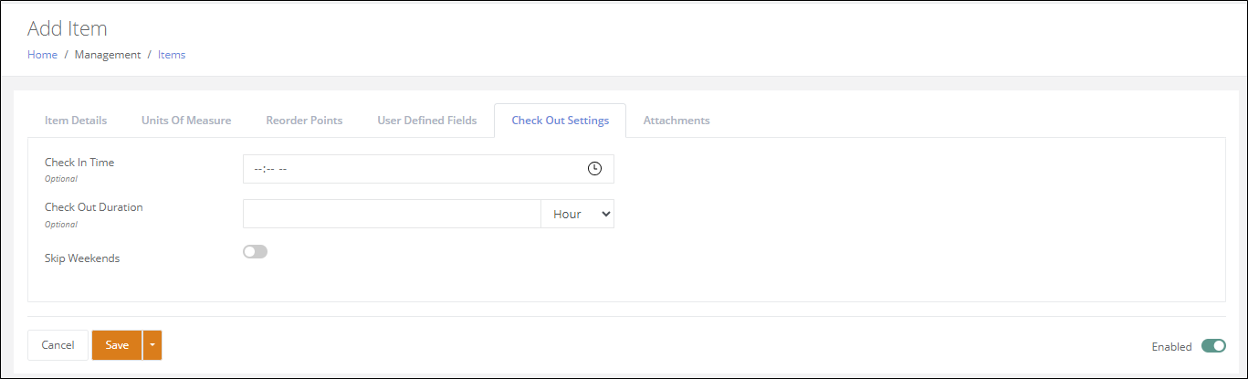 Add Item page on the Check Out Settings tab with Check In Time, Check Out Duration in hours and a Skip Weekends toggle