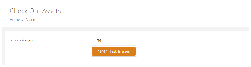 Search Assignee field on the Check Out Assets page with a partial ID typed and one matching assignee suggested