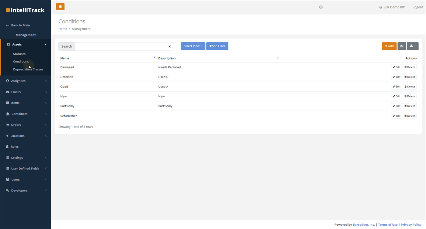 Conditions page opened from Management > Assets > Conditions, listing conditions such as Damaged, Good and New