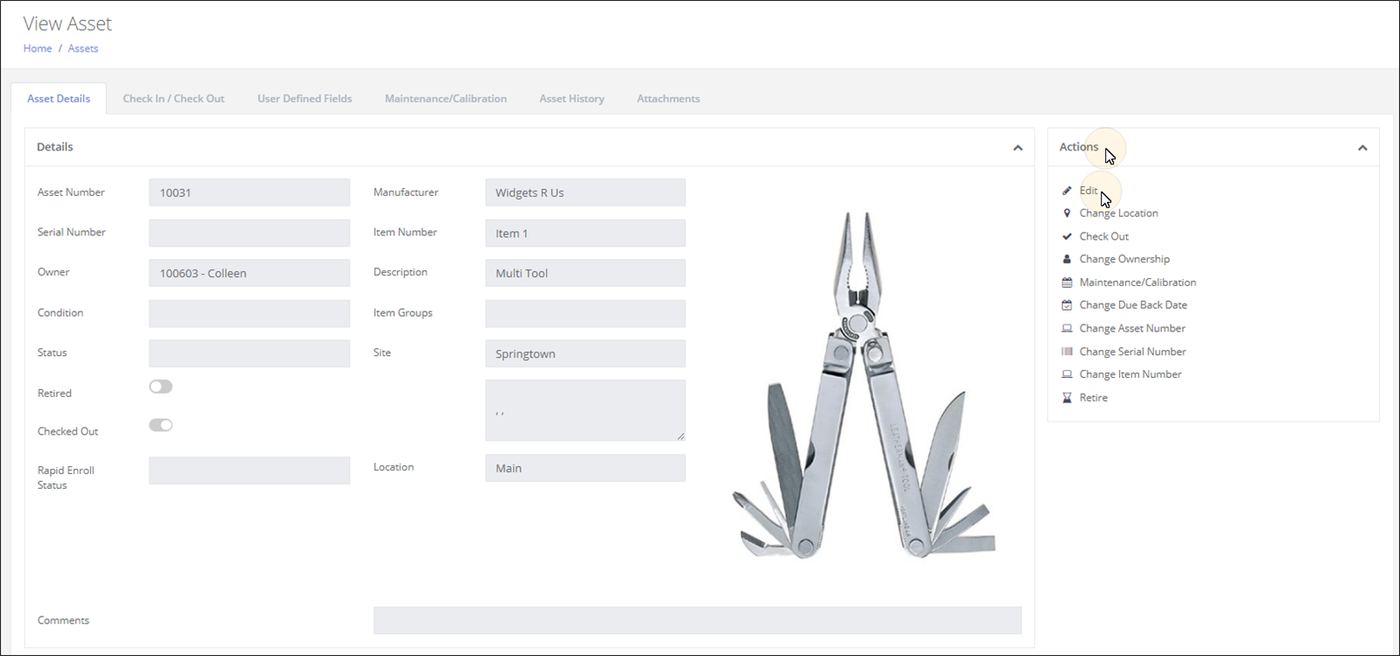 View Asset page Asset Details tab with the cursor on Edit in the Actions pane