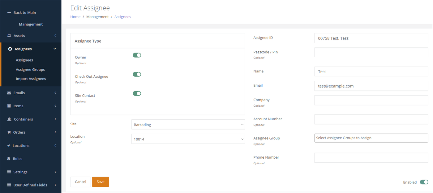 Edit Assignee page for an existing assignee, with Assignee Type toggles, Site, Location and contact fields filled in