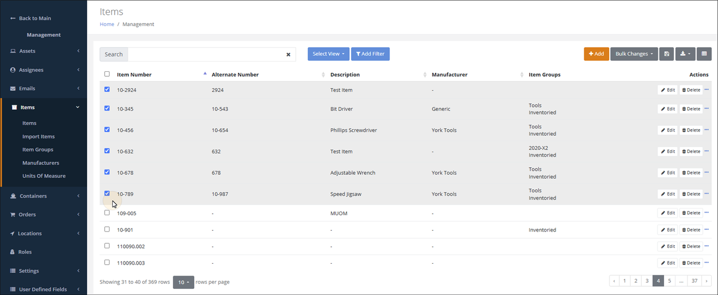 Items page with six item rows selected using the checkboxes to the left of each item