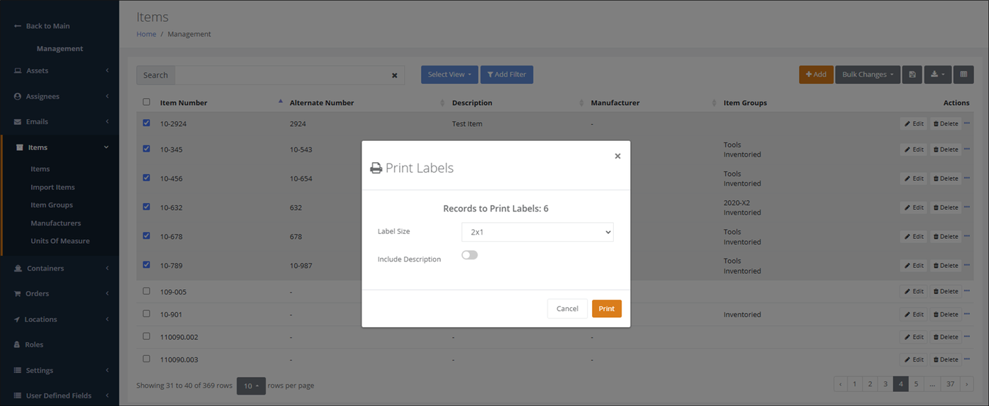 Print Labels popup showing 6 records to print, Label Size 2x1 and an Include Description toggle