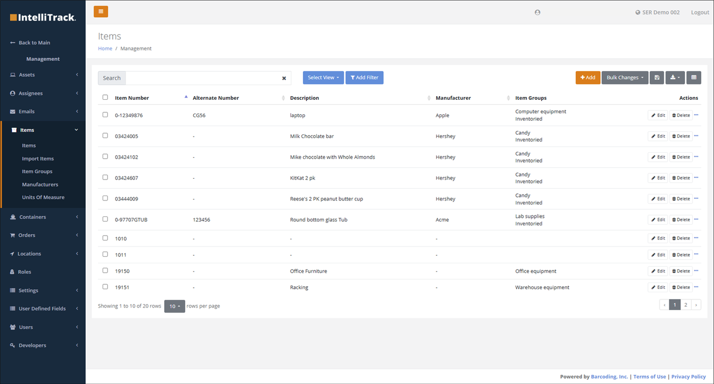 Items page listing item numbers with alternate number, description, manufacturer, item groups and Add and Bulk Changes buttons