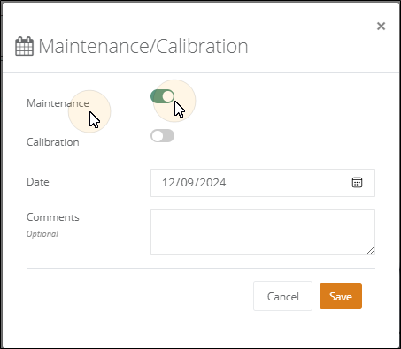 Maintenance/Calibration popup with the Maintenance toggle switched on, a Date field and optional Comments