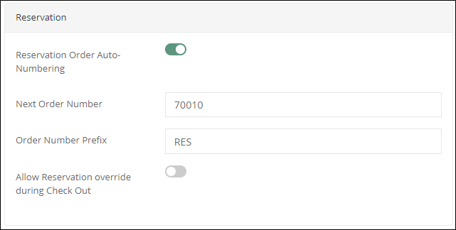 Reservation tenant settings with order auto-numbering on, prefix RES and the Allow Reservation override during Check Out toggle off
