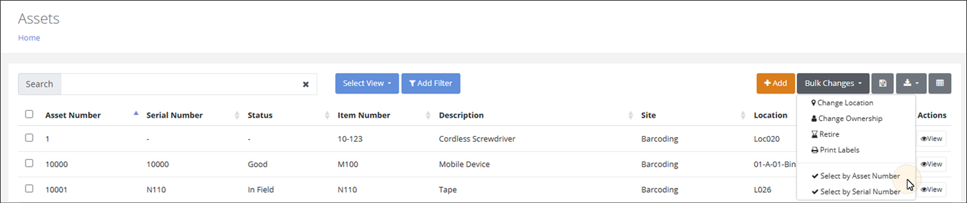 Bulk Changes menu with the cursor on the Select by Asset Number option