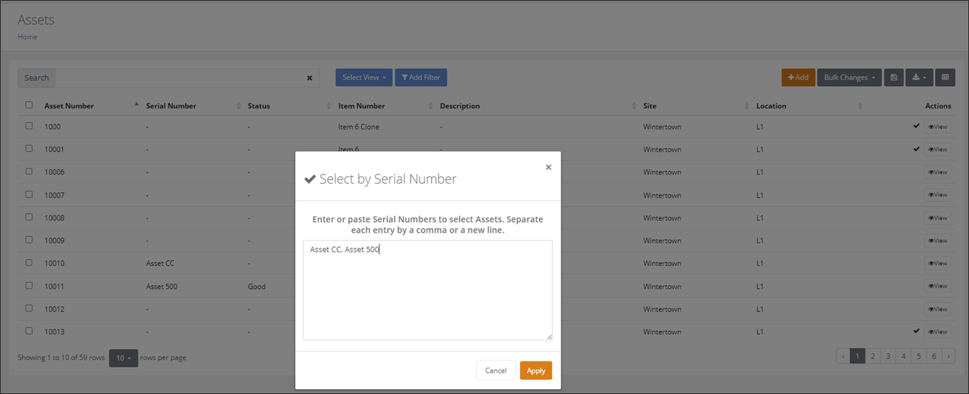 Select by Serial Number popup with two comma-separated serial numbers entered, ready to Apply