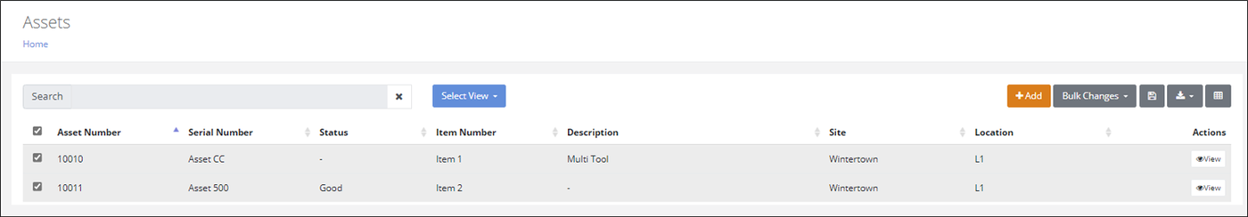 Assets page showing only the two assets matching the entered serial numbers, both selected