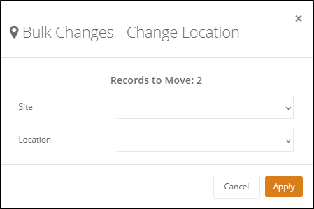 Bulk Changes - Change Location popup showing Records to Move: 2 with Site and Location drop-downs